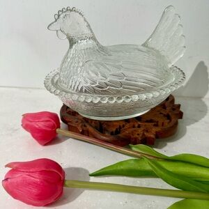 Vintage Clear Glass Hen on a Neat Dish